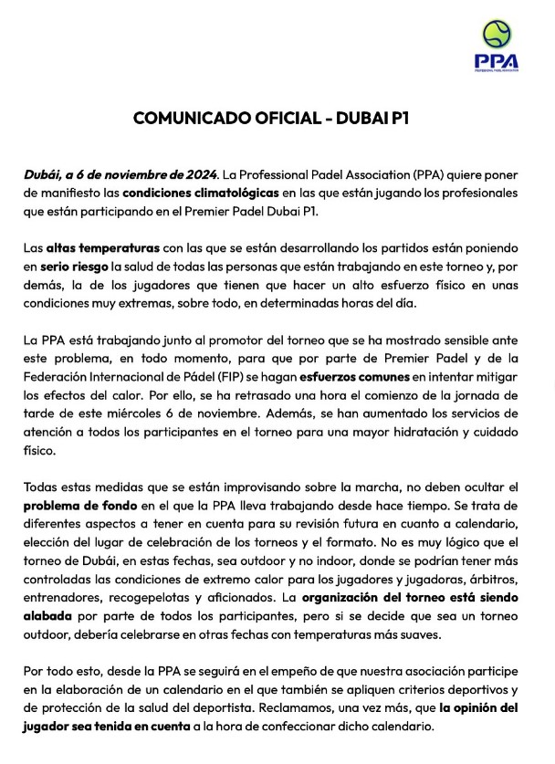 Comunicado PPA jugadores Dubái condiciones de juego