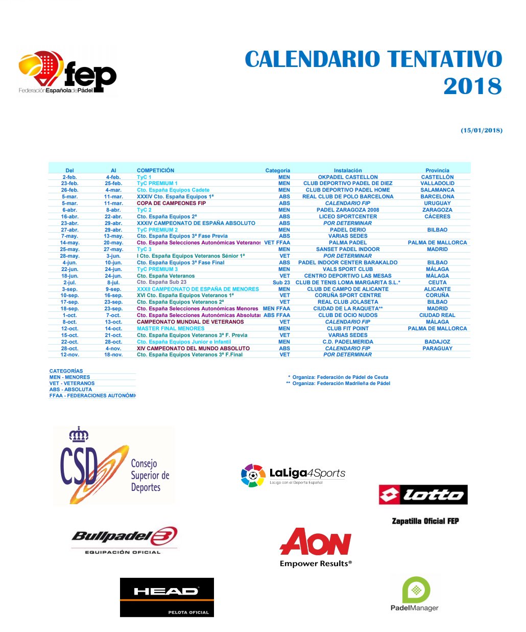 Calendario tentativo FEP 2018