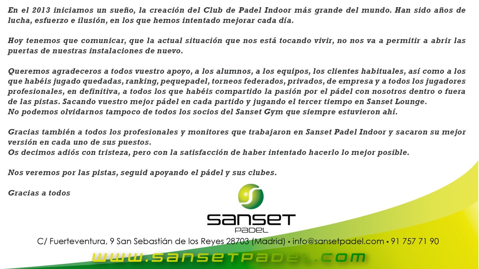 Cierre Sanset Padel Indoor club pádel