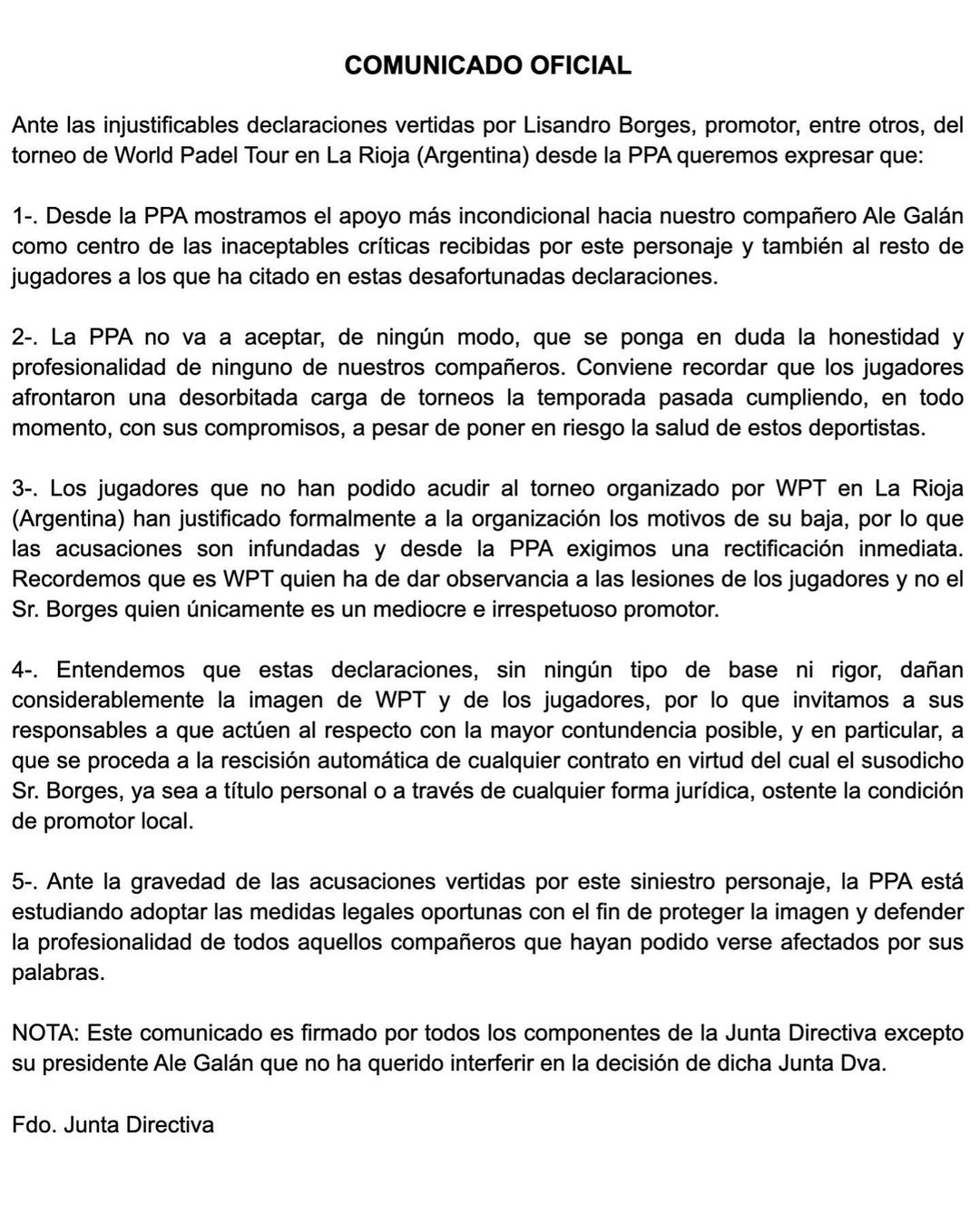 Comunicado oficial PPA jugadores Lisandro Borges