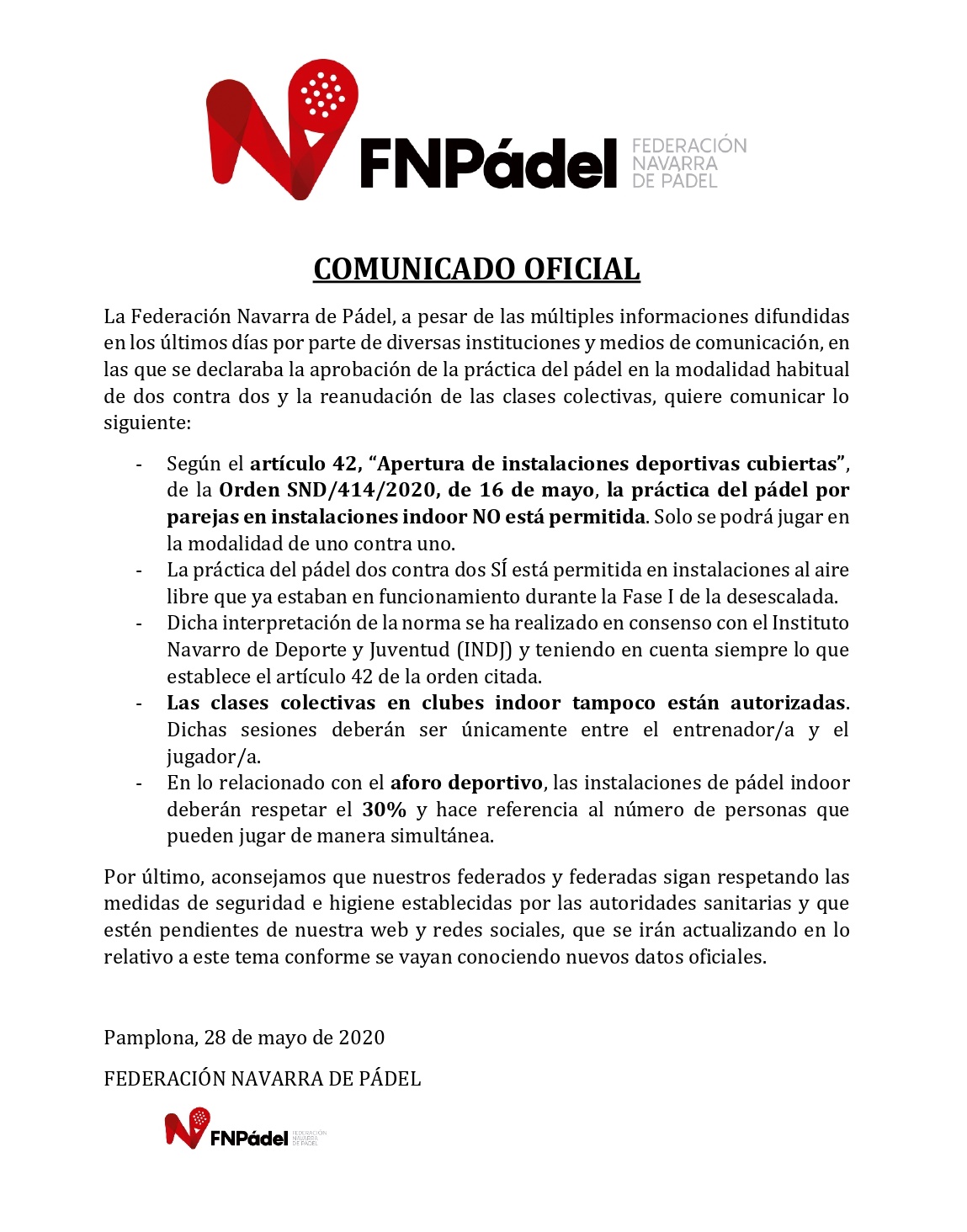 Carta Federación Navarra de Pádel