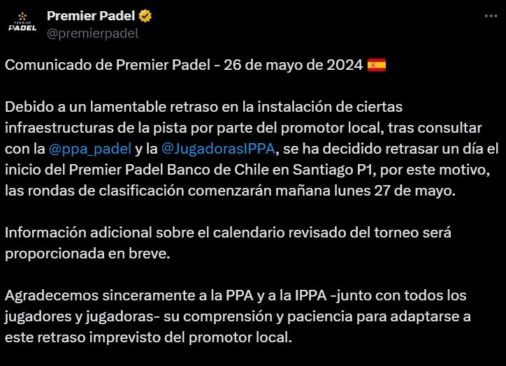 Comunicado Premier Padel pistas Chile 2024