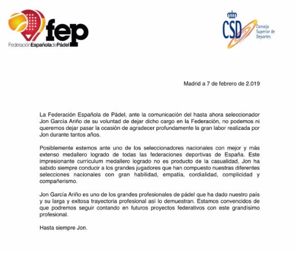 FEP Comunicado oficial despedida Jon García Ariño 2019