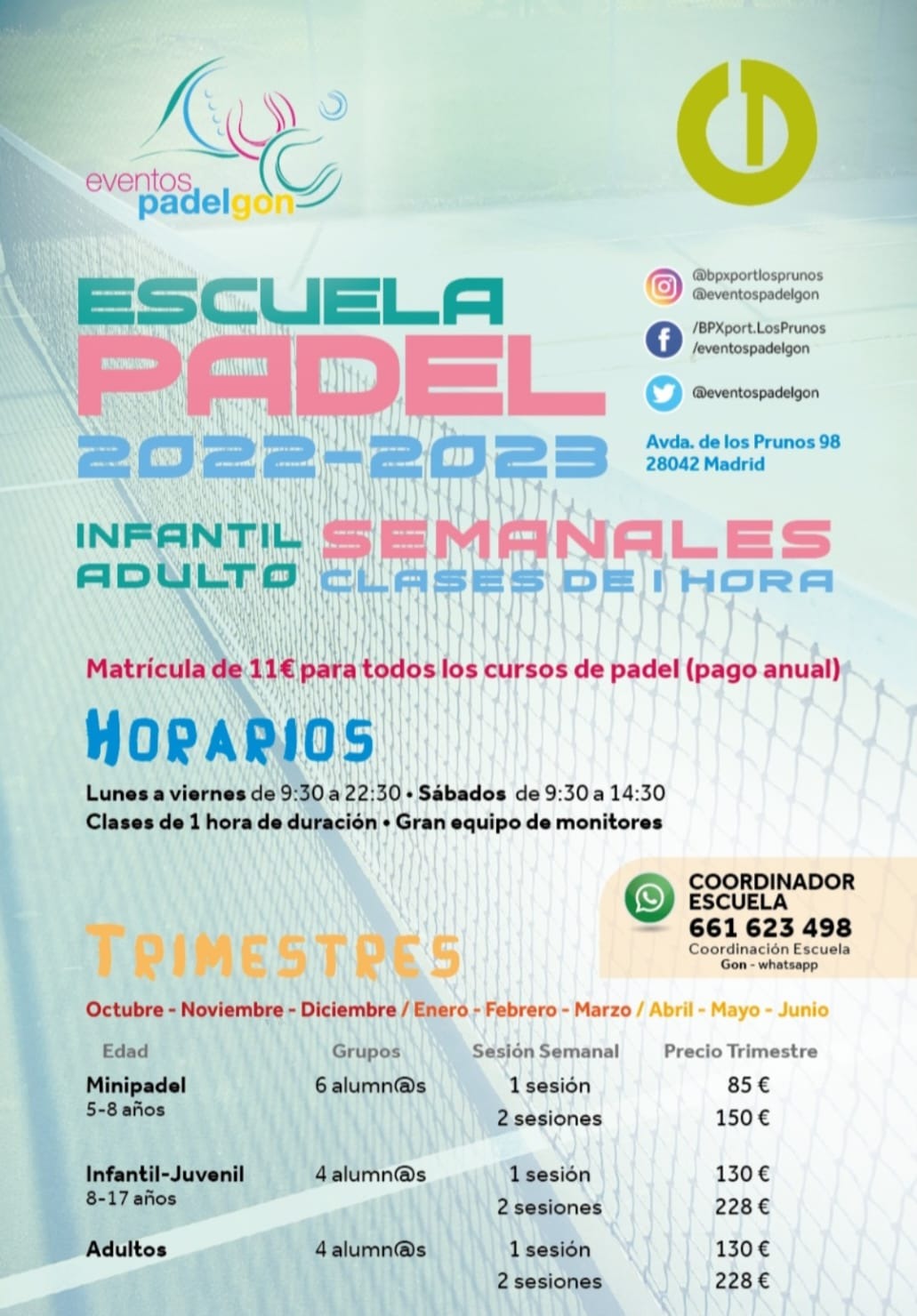 Clases disponibles Escuela Padelgon abril 2023