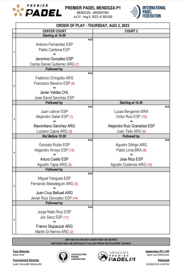 Orden de juego Mendoza jueves 3 de agosto 2023