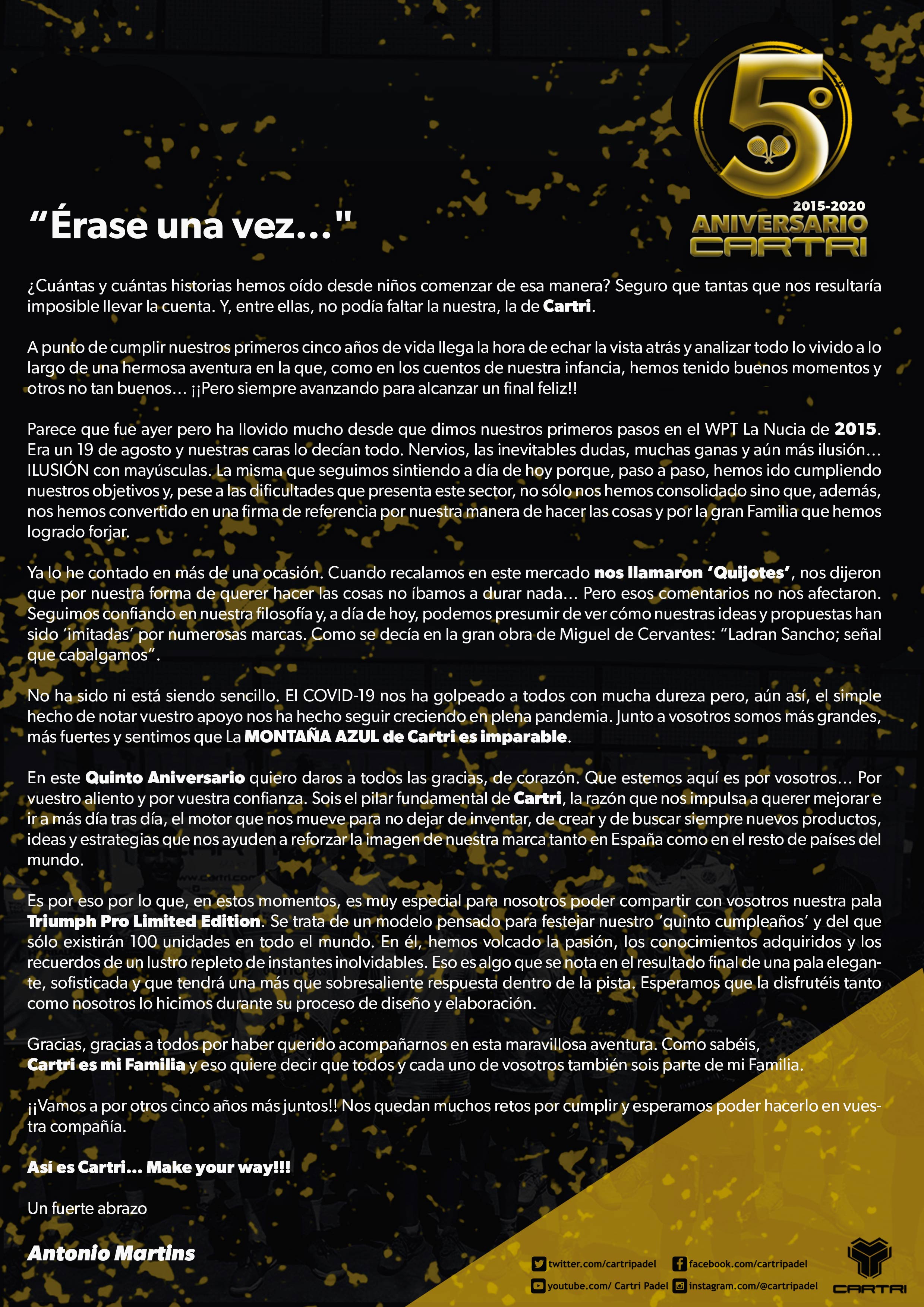 Carta Antonio Martins Cartri Padel quinto aniversario