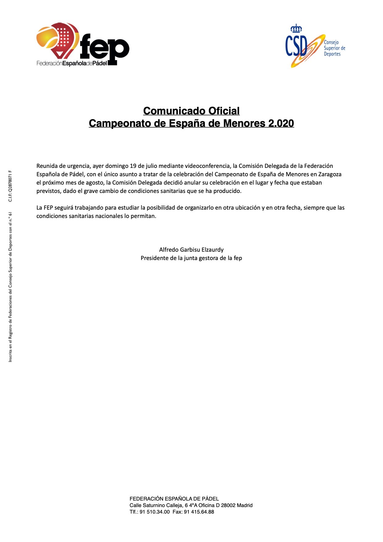 Comunicado FEP Cto España Menores 2020