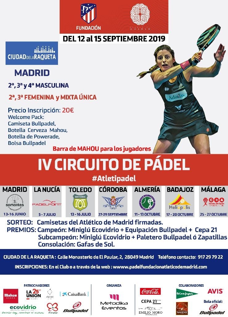 Cartel torneo Atlético Madrid pádel CIudad de la Raqueta